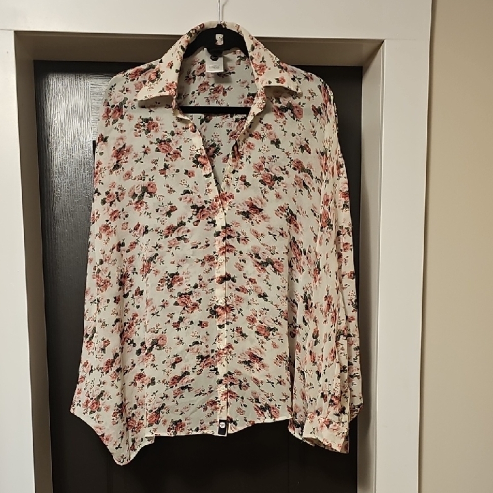 RHYTHM Cream Floral Button-Down Sheer Blouse